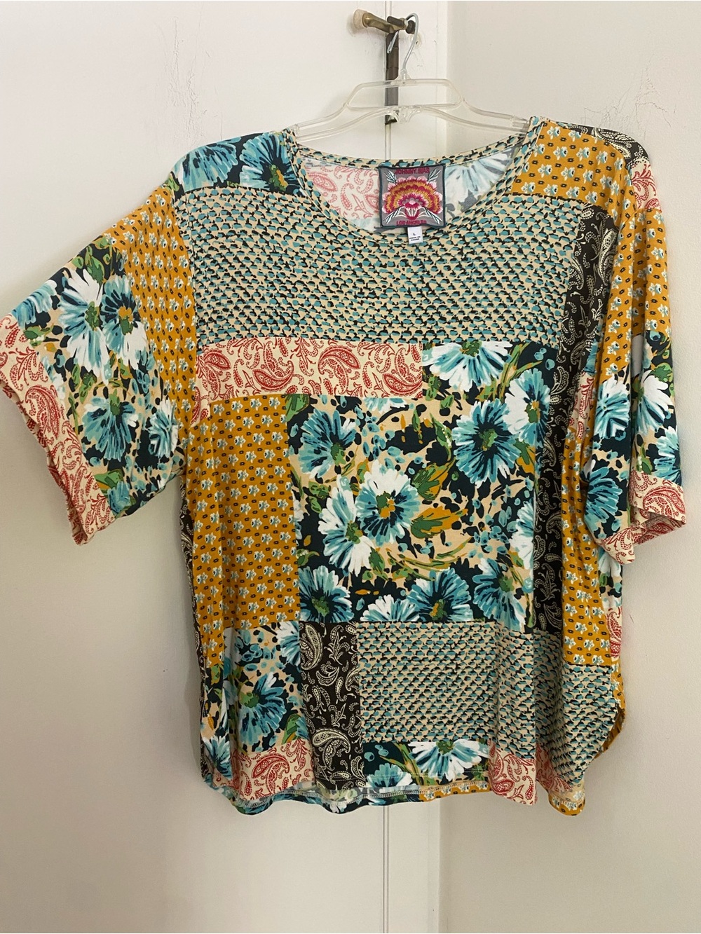 Johnny Was Bamboo Boho Patchwork Floral Paisley Block Short Sleeve Top Large